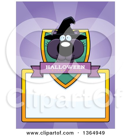 Clipart of a Black Halloween Witch Cat Shield over a Blank Sign and Rays - Royalty Free Vector Illustration by Cory Thoman