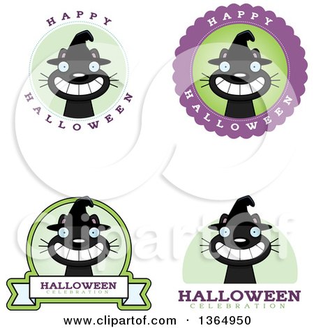 Clipart of Grinning Black Halloween Witch Cat Badges - Royalty Free Vector Illustration by Cory Thoman
