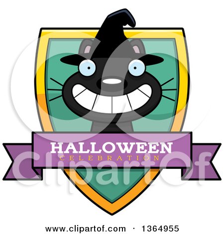 Clipart of a Grinning Black Halloween Witch Cat Halloween Celebration Shield - Royalty Free Vector Illustration by Cory Thoman