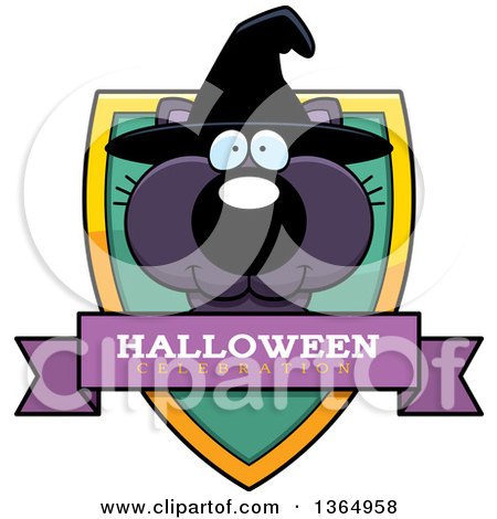 Clipart of a Black Halloween Witch Cat Halloween Celebration Shield - Royalty Free Vector Illustration by Cory Thoman