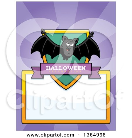 Clipart of a Halloween Vampire Bat Shield over a Blank Sign and Rays - Royalty Free Vector Illustration by Cory Thoman