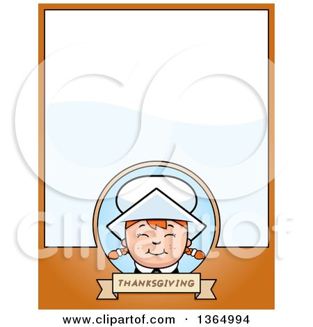 Clipart of a Happy Thanksgiving Pilgrim Girl Page Design with Text Space on Orange - Royalty Free Vector Illustration by Cory Thoman