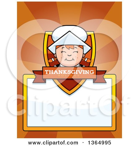 Clipart of a Happy Thanksgiving Pilgrim Girl Shield over a Blank Sign and Rays - Royalty Free Vector Illustration by Cory Thoman