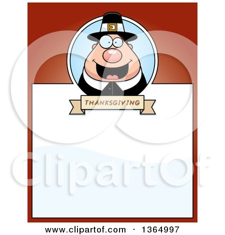 Clipart of a Chubby Thanksgiving Pilgrim Man Page Design with Text Space on Red - Royalty Free Vector Illustration by Cory Thoman