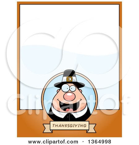 Clipart of a Chubby Thanksgiving Pilgrim Man Page Design with Text Space on Orange - Royalty Free Vector Illustration by Cory Thoman