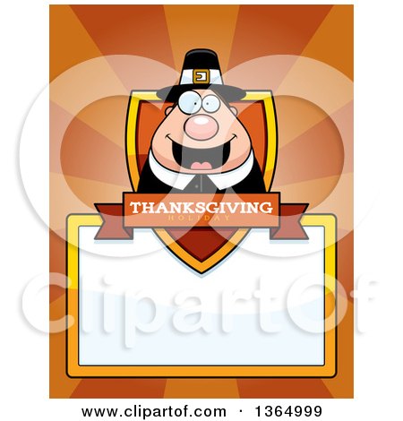 Clipart of a Chubby Thanksgiving Pilgrim Man Shield over a Blank Sign and Rays - Royalty Free Vector Illustration by Cory Thoman