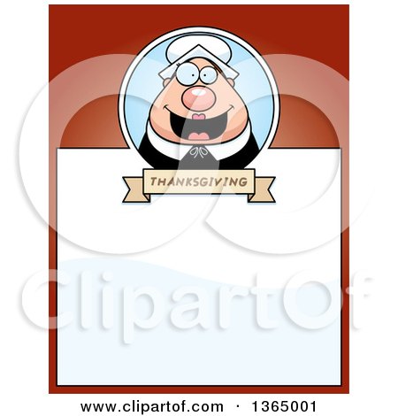 Clipart of a Chubby Thanksgiving Pilgrim Woman Page Design with Text Space on Red - Royalty Free Vector Illustration by Cory Thoman