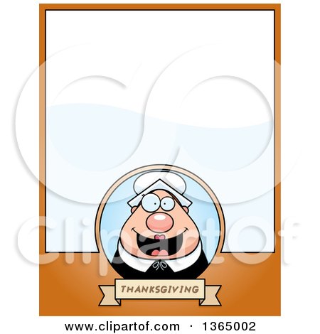 Clipart of a Chubby Thanksgiving Pilgrim Woman Page Design with Text Space on Orange - Royalty Free Vector Illustration by Cory Thoman