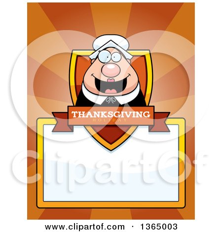 Clipart of a Chubby Thanksgiving Pilgrim Woman Shield over a Blank Sign and Rays - Royalty Free Vector Illustration by Cory Thoman