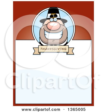 Clipart of a Grinning Male Thanksgiving Pilgrim Page Design with Text Space on Red - Royalty Free Vector Illustration by Cory Thoman