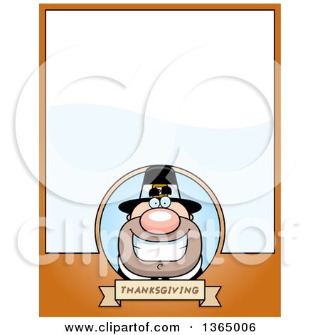 Clipart of a Grinning Male Thanksgiving Pilgrim Page Design with Text Space on Orange - Royalty Free Vector Illustration by Cory Thoman