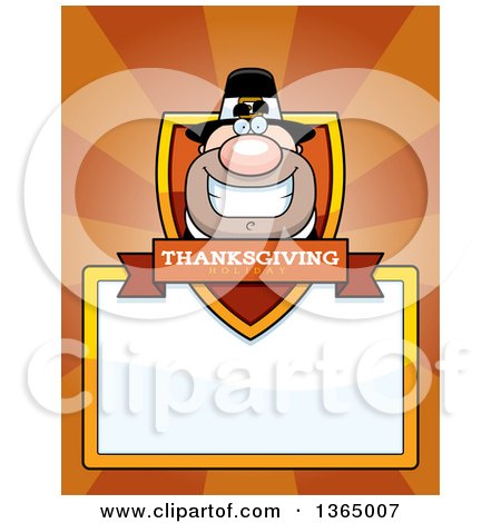 Clipart of a Grinning Male Thanksgiving Pilgrim Shield over a Blank Sign and Rays - Royalty Free Vector Illustration by Cory Thoman