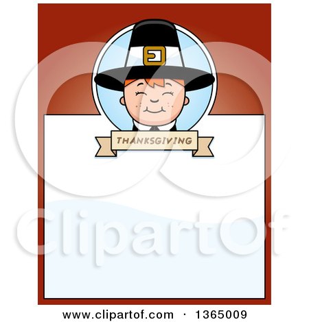 Clipart of a Happy Thanksgiving Pilgrim Boy Page Design with Text Space on Red - Royalty Free Vector Illustration by Cory Thoman