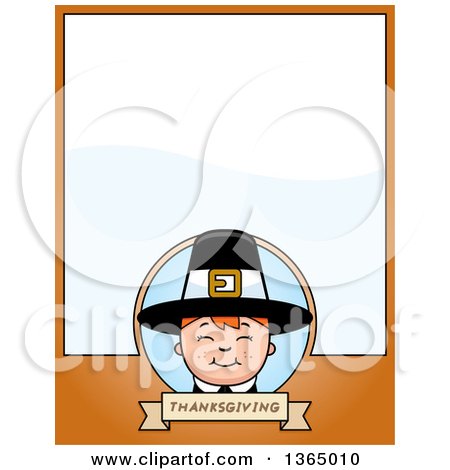 Clipart of a Happy Thanksgiving Pilgrim Boy Page Design with Text Space on Orange - Royalty Free Vector Illustration by Cory Thoman