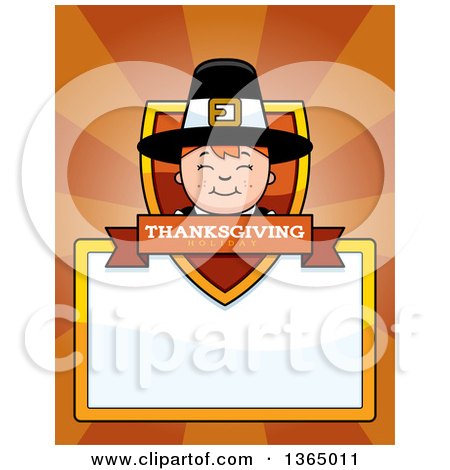 Clipart of a Happy Thanksgiving Pilgrim Boy Shield over a Blank Sign and Rays - Royalty Free Vector Illustration by Cory Thoman