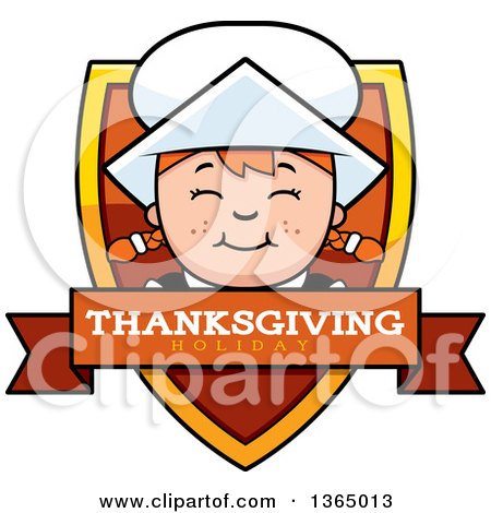 Clipart of a Happy Thanksgiving Pilgrim Girl Thanksgiving Holiday Shield - Royalty Free Vector Illustration by Cory Thoman