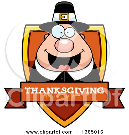 Clipart of a Chubby Thanksgiving Pilgrim Man Thanksgiving Holiday Shield - Royalty Free Vector Illustration by Cory Thoman