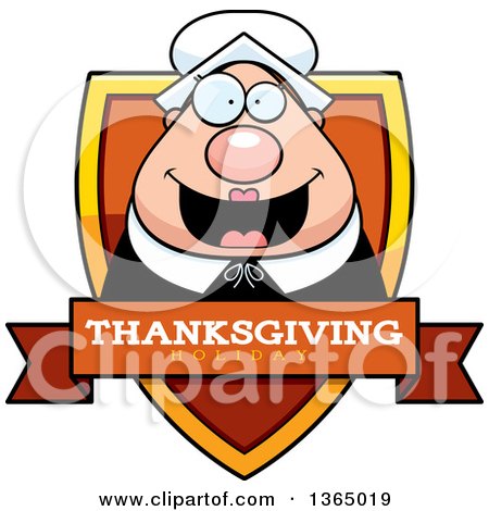 Clipart of a Chubby Thanksgiving Pilgrim Woman Thanksgiving Holiday Shield - Royalty Free Vector Illustration by Cory Thoman