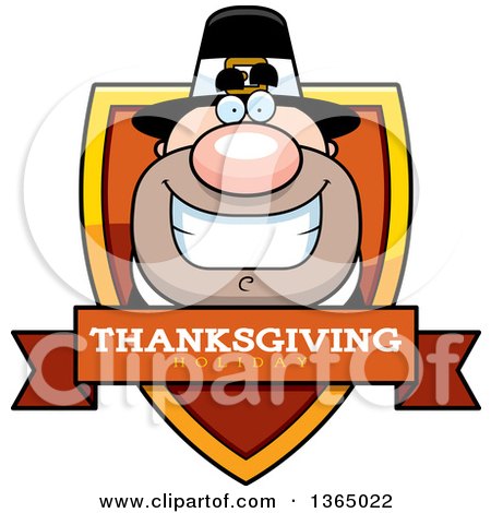 Clipart of a Grinning Male Thanksgiving Pilgrim Thanksgiving Holiday Shield - Royalty Free Vector Illustration by Cory Thoman