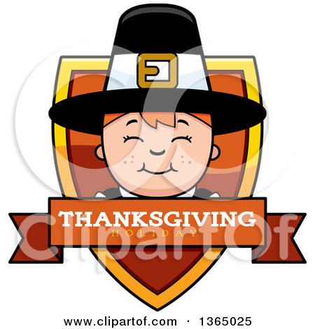 Clipart of a Happy Thanksgiving Pilgrim Boy Thanksgiving Holiday Shield - Royalty Free Vector Illustration by Cory Thoman