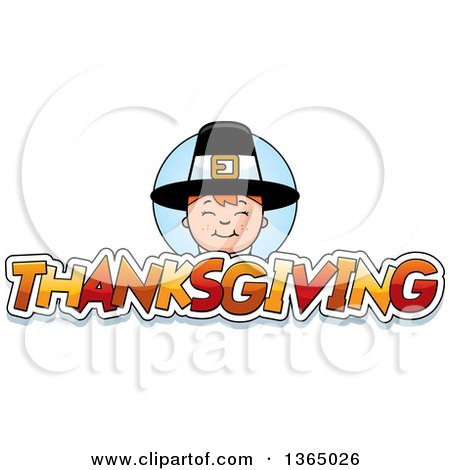 Clipart of a Happy Pilgrim Boy over Thanksgiving Text - Royalty Free Vector Illustration by Cory Thoman