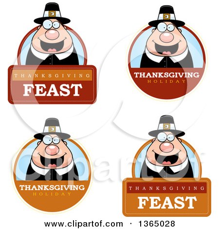 Clipart of Chubby Thanksgiving Pilgrim Man Badges - Royalty Free Vector Illustration by Cory Thoman