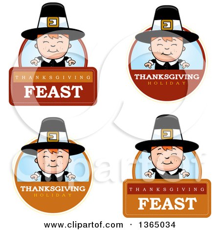 Clipart of Happy Thanksgiving Pilgrim Boy Badges - Royalty Free Vector Illustration by Cory Thoman