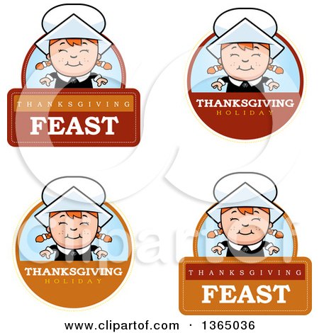 Clipart of Happy Thanksgiving Pilgrim Girl Badges - Royalty Free Vector Illustration by Cory Thoman