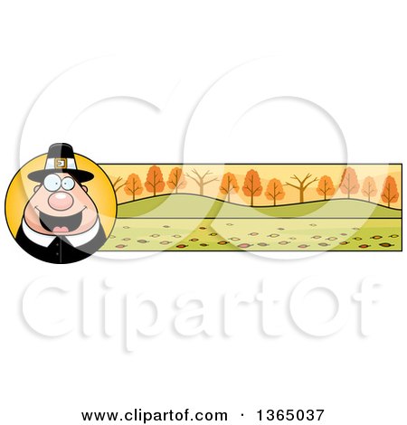 Clipart of a Chubby Thanksgiving Pilgrim Man Banner or Border - Royalty Free Vector Illustration by Cory Thoman