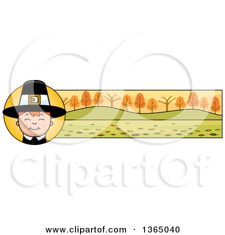 Clipart of a Happy Thanksgiving Pilgrim Boy Banner or Border - Royalty Free Vector Illustration by Cory Thoman