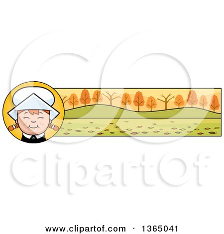 Clipart of a Happy Thanksgiving Pilgrim Girl Banner or Border - Royalty Free Vector Illustration by Cory Thoman