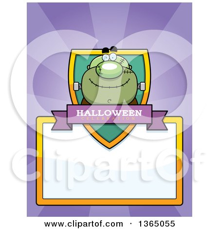 Clipart of a Halloween Frankenstein Shield over a Blank Sign and Rays - Royalty Free Vector Illustration by Cory Thoman