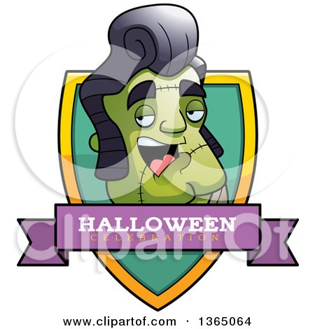 Clipart of a Halloween Frankenstein Singer Halloween Celebration Shield - Royalty Free Vector Illustration by Cory Thoman