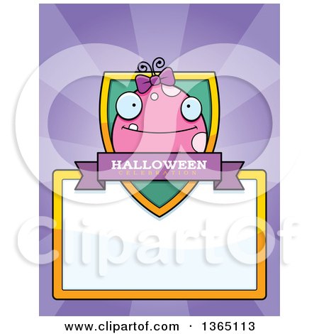 Clipart of a Pink Girly Halloween Monster Shield over a Blank Sign and Rays - Royalty Free Vector Illustration by Cory Thoman