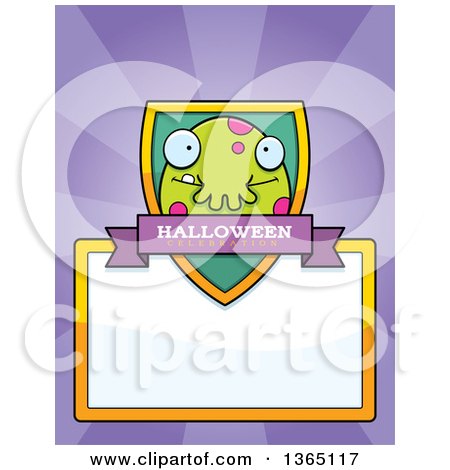Clipart of a Green Spotted Halloween Monster Shield over a Blank Sign and Rays - Royalty Free Vector Illustration by Cory Thoman