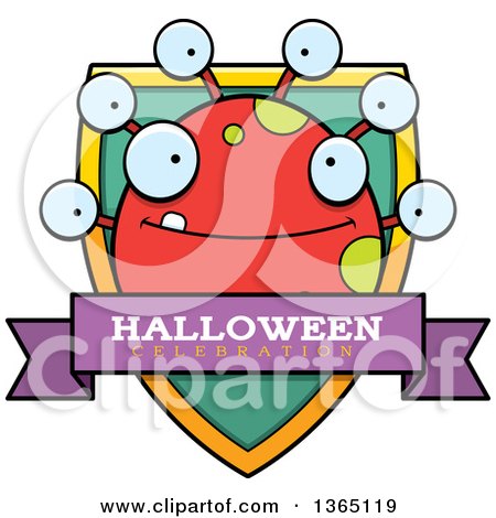 Clipart of a Red Spotted Halloween Monster Halloween Celebration Shield - Royalty Free Vector Illustration by Cory Thoman
