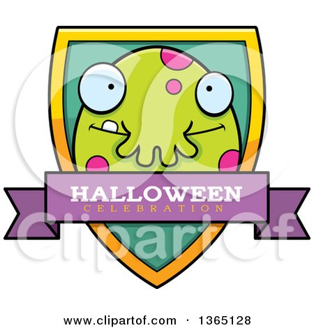 Clipart of a Green Spotted Halloween Monster Halloween Celebration Shield - Royalty Free Vector Illustration by Cory Thoman