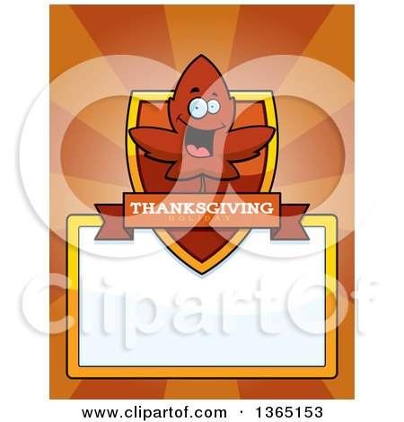 Clipart of a Red Fall Autumn Leaf Character Shield over a Blank Sign and Rays - Royalty Free Vector Illustration by Cory Thoman