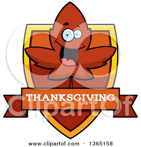 Clipart of a Red Fall Autumn Leaf Character Thanksgiving Holiday Shield - Royalty Free Vector Illustration by Cory Thoman