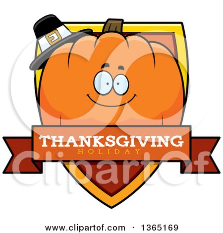 Clipart of a Thanksgiving Pumpkin Character Thanksgiving Holiday Shield - Royalty Free Vector Illustration by Cory Thoman