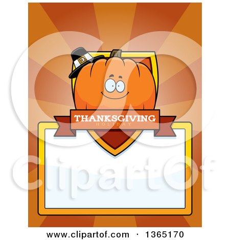 Clipart of a Thanksgiving Pumpkin Character Shield over a Blank Sign and Rays - Royalty Free Vector Illustration by Cory Thoman