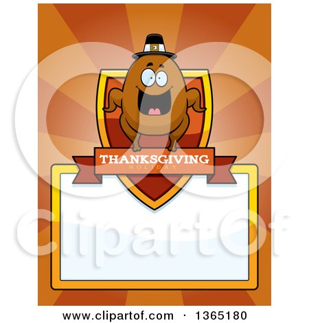Clipart of a Roasted Thanksgiving Turkey Character Shield over a Blank Sign and Rays - Royalty Free Vector Illustration by Cory Thoman