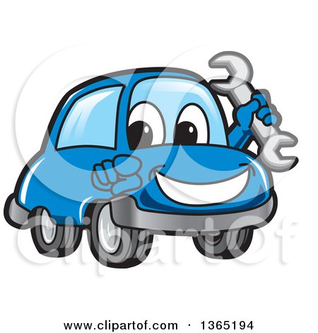 Clipart of a Happy Blue Car Mascot Holding a Wrench and Pointing at the Viewer - Royalty Free Vector Illustration by Mascot Junction