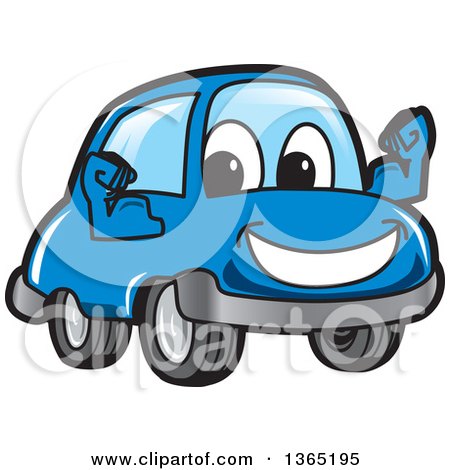 Clipart of a Happy Blue Car Mascot Flexing - Royalty Free Vector Illustration by Mascot Junction