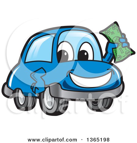 Clipart of a Happy Blue Car Mascot Holding up Cash Money - Royalty Free Vector Illustration by Mascot Junction