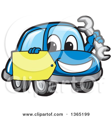 Clipart of a Happy Blue Car Mascot Holding a Wrench and a Tag - Royalty Free Vector Illustration by Mascot Junction