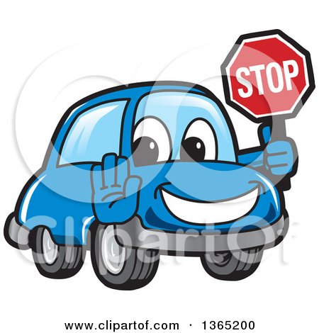 Clipart of a Happy Blue Car Mascot Gesturing and Holding a Stop Sign - Royalty Free Vector Illustration by Mascot Junction