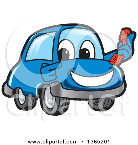 Clipart of a Happy Blue Car Mascot Holding and Pointing to a Phone - Royalty Free Vector Illustration by Mascot Junction