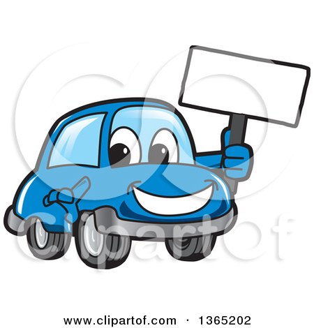 Clipart of a Happy Blue Car Mascot Holding a Blank Sign - Royalty Free Vector Illustration by Mascot Junction