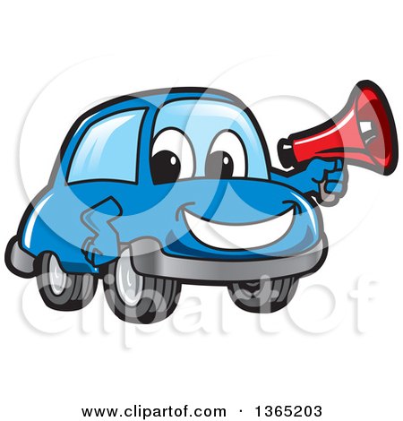 Clipart of a Happy Blue Car Mascot Holding a Megaphone - Royalty Free Vector Illustration by Mascot Junction